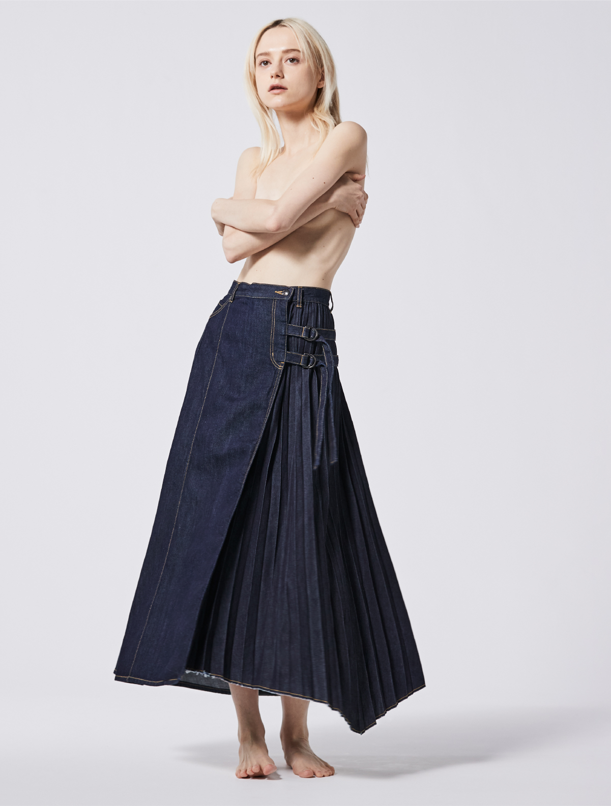 WRAP PLEATS DENIM SKIRT